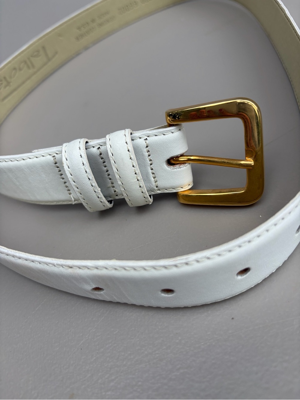 Vintage Talbots White Leather Belt Gold Buckle ITALY M